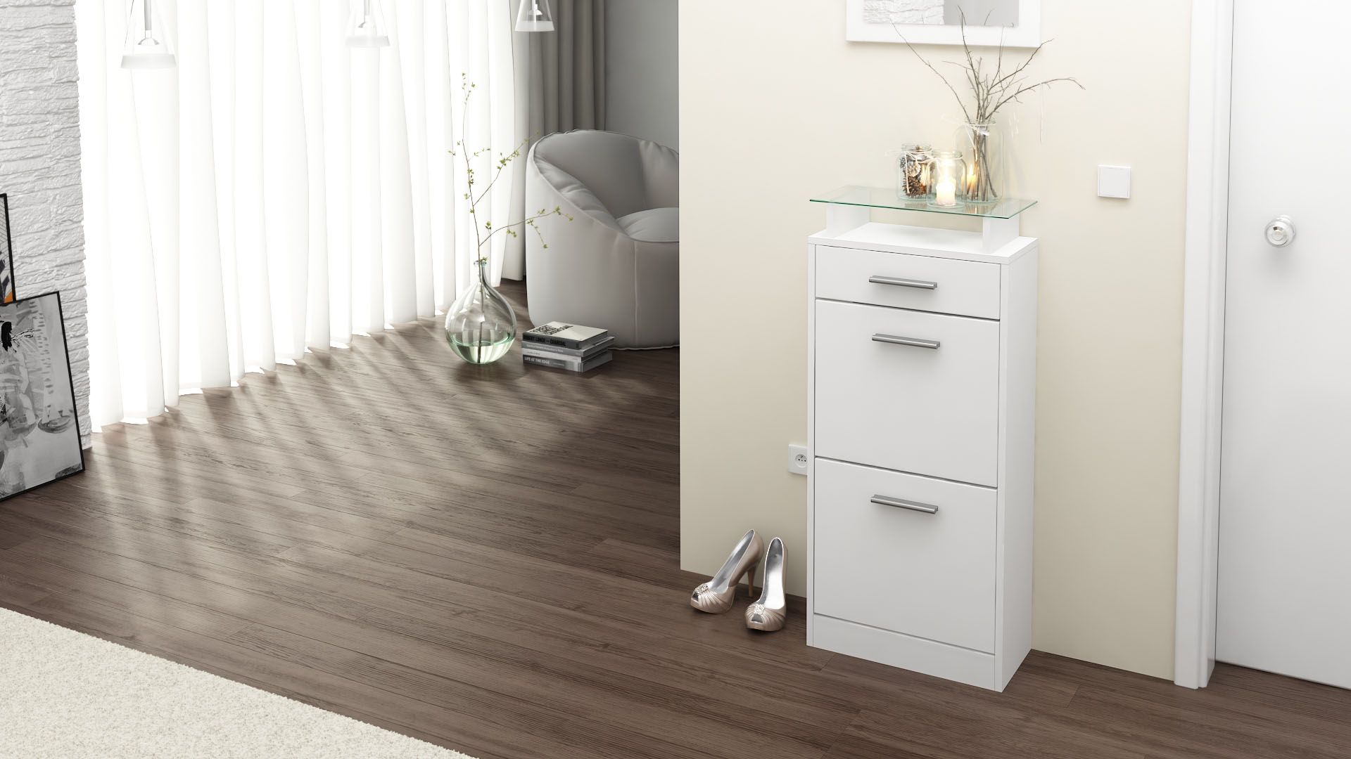 Schuhschrank Loret V2 - Farbe Front: Weiß Matt | Farbe Korpus: Weiß Matt